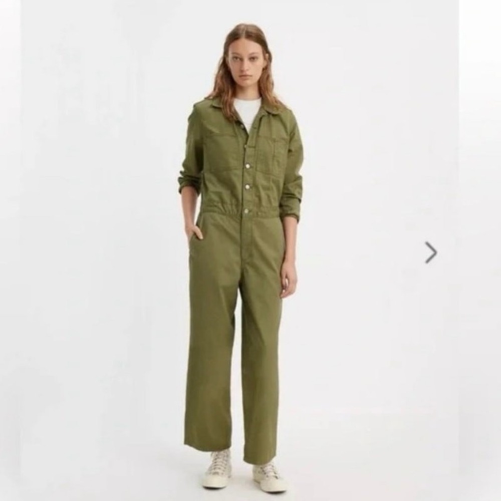 Levis Iconic Jumpsuit Sz L Olive Green Utility Coverall Wide Leg NWT Women